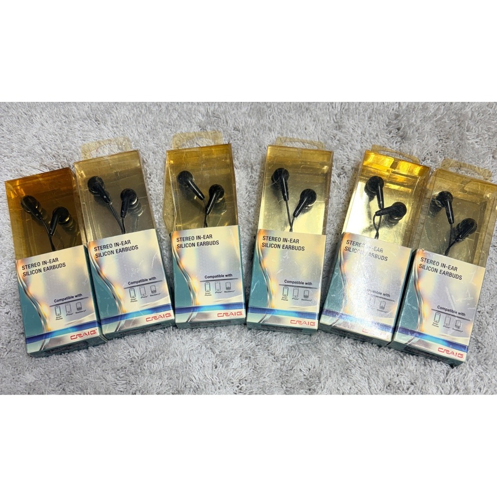 Craig CHP4807 Stereo In-Ear Silicon Earbuds Black 3.5mm Wired 6 Pack Lot‎ New